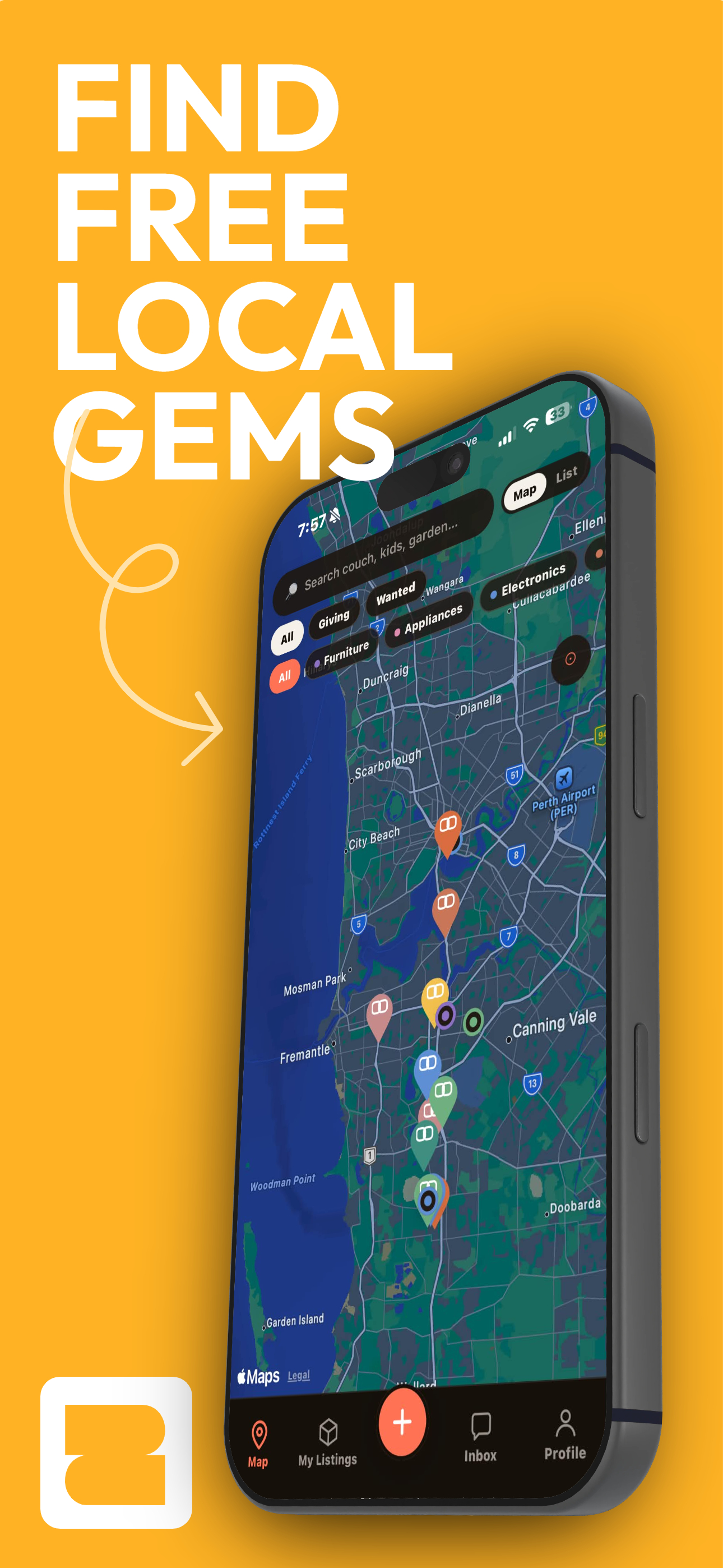 The Dibsy app showing free items pinned around the neighbourhood map